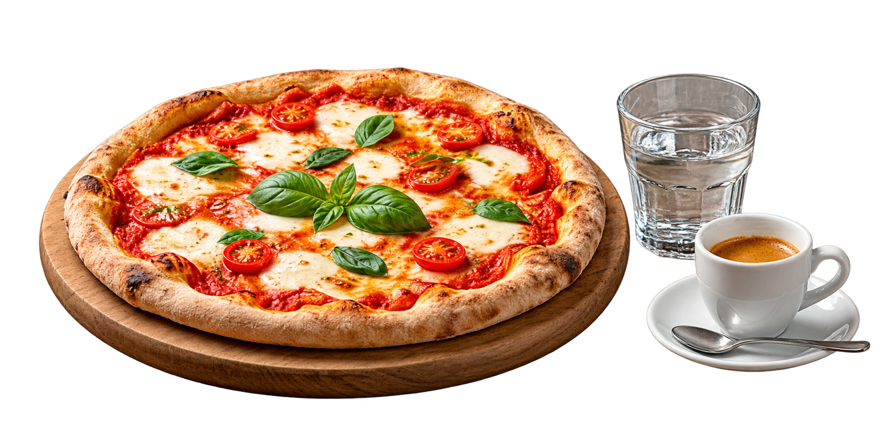 Pizza margherita, acqua e caffè